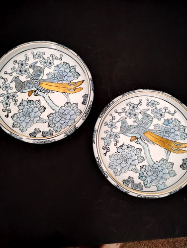 Lot of 2 Vintage Gold Imari Dish Hand Painted Japanese Blue Peacock Bowl 7”