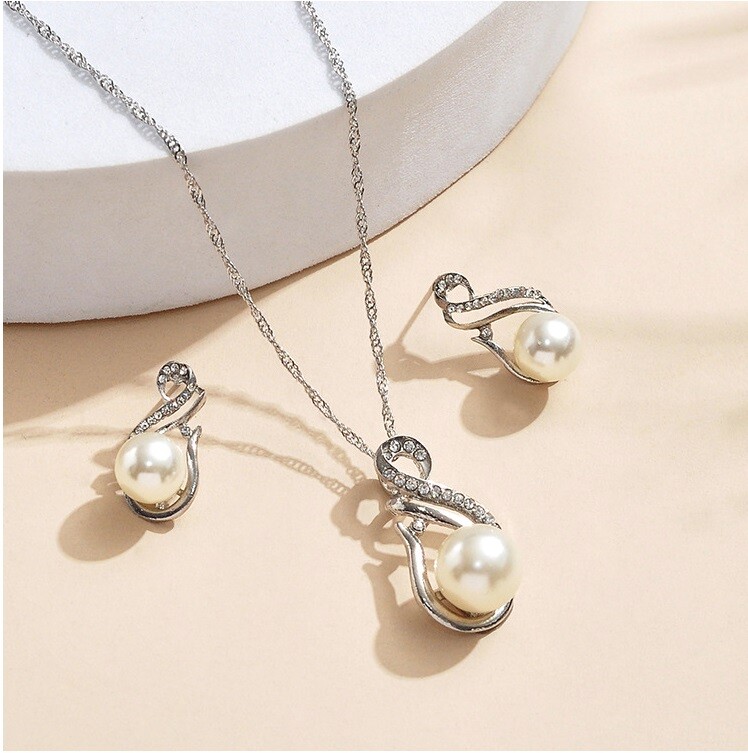 Pearl Crystal Prom Wedding Party Diamante Bridal Jewellery Earrings Necklace Set