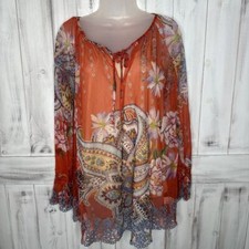NWT WOMENS JOHNNY WAS BIYA ORANGE COLORFUL PAISLEY EYELET MESH BLOUSE W/ SLIP M