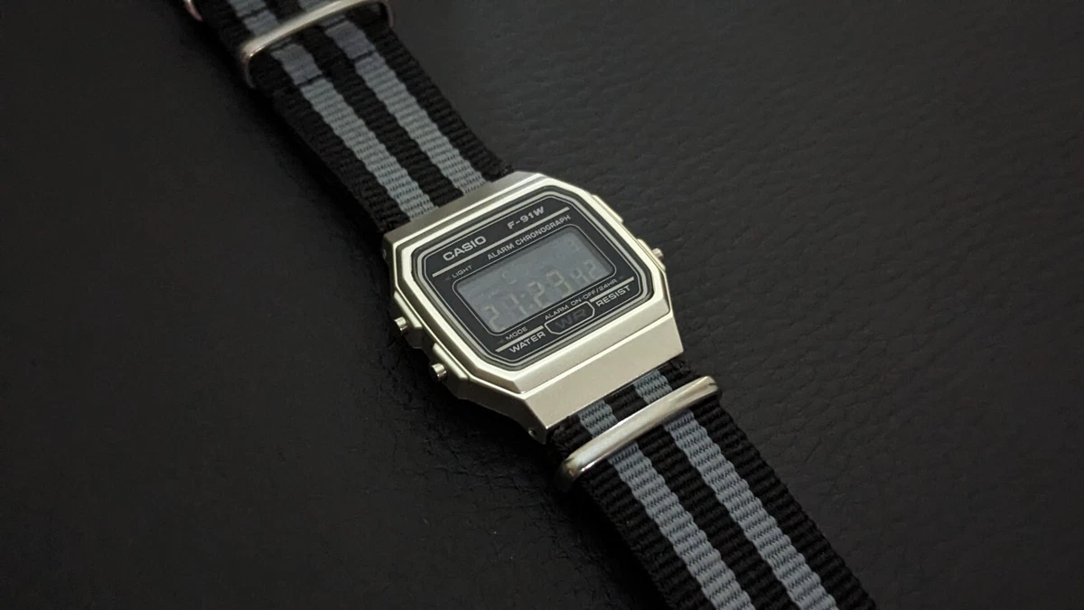Custom Casio F 91W 22MM custom notched NATO strap BLACKSILVER MOD Retro