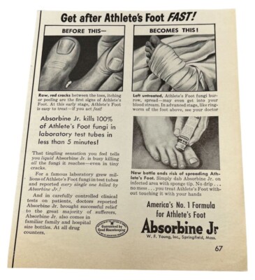 Absorbine Jr Vintage Print Ad 1950s Athletes Foot Treatment Medical Care