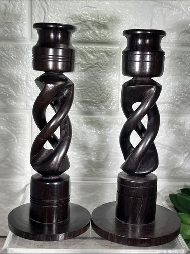 Vintage Kerzenständer dunkles Ebenholz Holz 2er Set geschnitzt Stammeskerzensäulen Paar