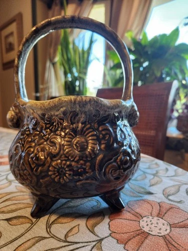 Vintage Hull USA Pottery Floral Green Drip Footed Basket Planter