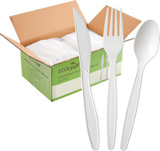 350 Pcs Compostable Cutlery Set, 7 Inch Large Size Biodegradable Disposable Silv