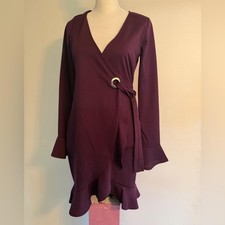 Blue Blush Deep Plum Wrap Dress with Tie and Ruffle Hem