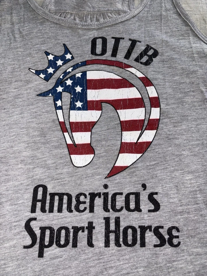 Camiseta sin mangas gris para mujer OTTB Race Horse EE. UU. XL fuera de pista pura sangre Foto 2 de 4