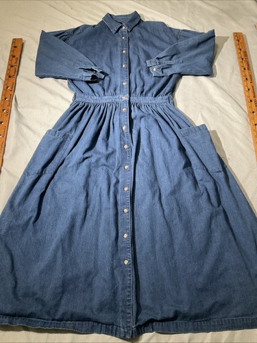 Abito vintage Eddie Bauer blu medio chambray bottoni denim cottage volant maxi - Foto 6 di 13