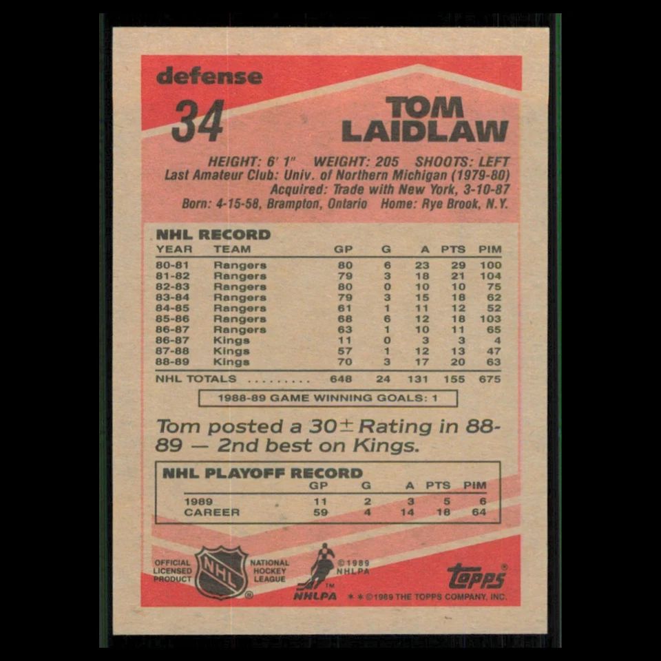 Tom Laidlaw #34 1989 Topps Los Angeles Kings Hockey Card NHL NM - Image 2 of 3