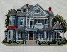 Finished Completed Blue Victorian House Cross Stitch Piece -Stitched 1 Over 1