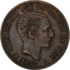 [#1307208] Spain, Alfonso XII, 5 Centimos, 1877, Barcelona, Bronze, EF, KM:674