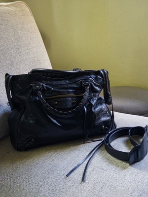 Authentic BALENCIAGA Velo Top Handle Bag in Black Leather w/ Brass Hardware