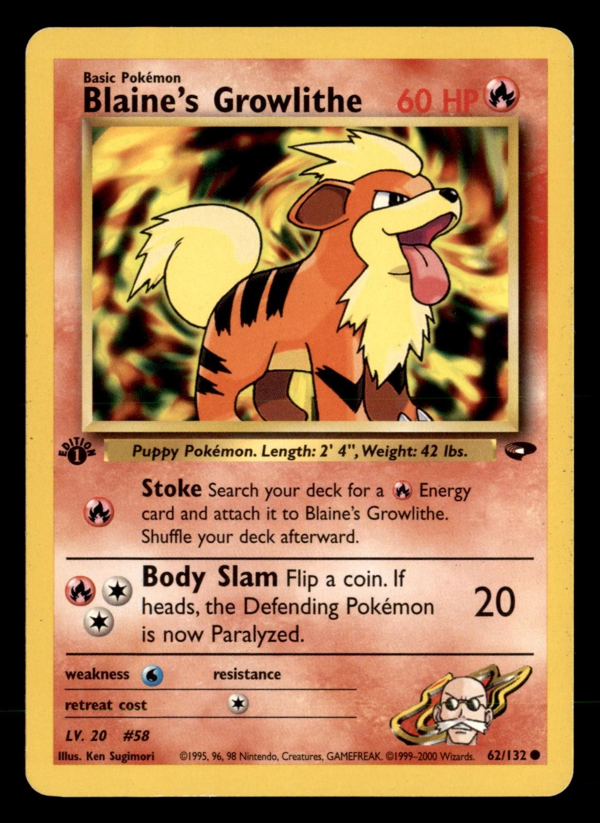 Blaine's Growlithe 62/132 Common Gym Challenge Pokemon 1st Edition MP