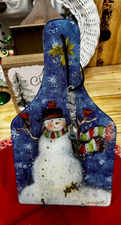 Boneco de neve de vidro vintage tábua de corte Natal feriado - Imagem 3 de 4