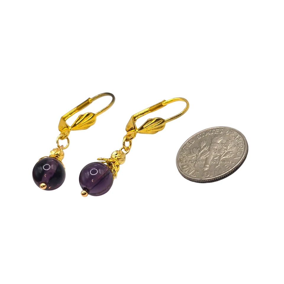 Amethyst Bead Pierced Earrings Dangle Drop Gold Tone Leverback 8mm SKU 2805 - Image 4 of 4