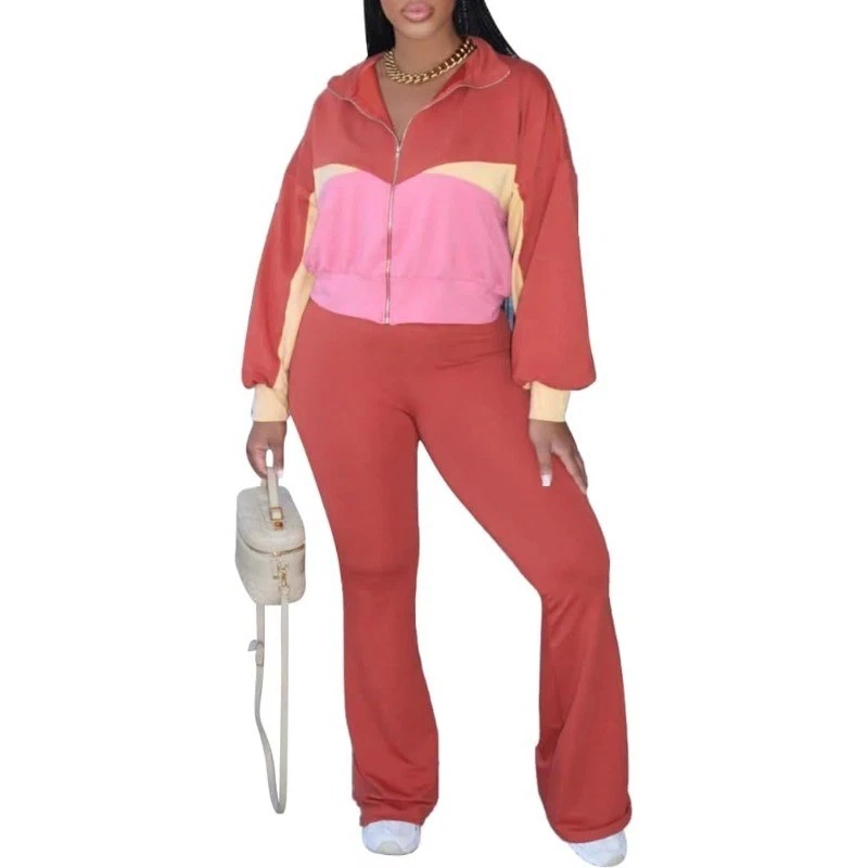 Conjunto de 2 piezas de chándal para mujer manga larga cremallera chaqueta corta pantalones acampanados conjuntos Y2K Foto 2 de 4