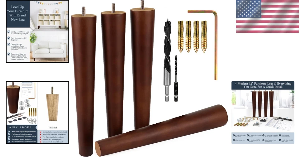 Elegantes patas de muebles de madera de nogal - Kit de instalación completo, 4 tamaños disponibles Foto 2 de 4