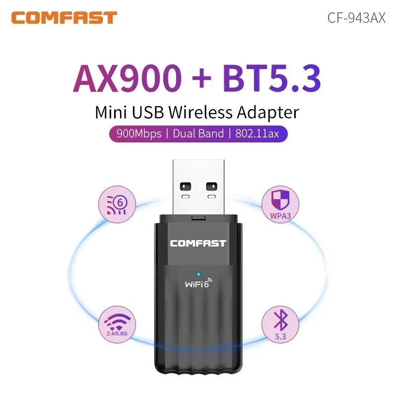 WiFi 6 AX900 USB Adapter Bluetooth 5.3 Dual Band 2.4G/5GHz 900Mbps Win10/Win11 - Image 2 of 4