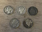 4 Vintage Mercury Ten Cent Dimes & Damaged 1884 Liberty Seated Dime, 90% Silver