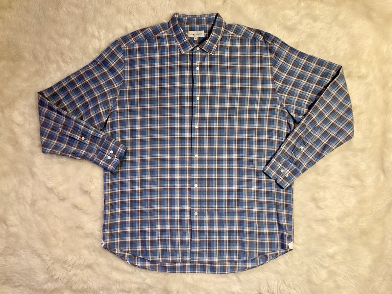 NEIMAN MARCUS Men's Dress Shirt Cotton Linen Blend Multicolor Blue Plaid XXL