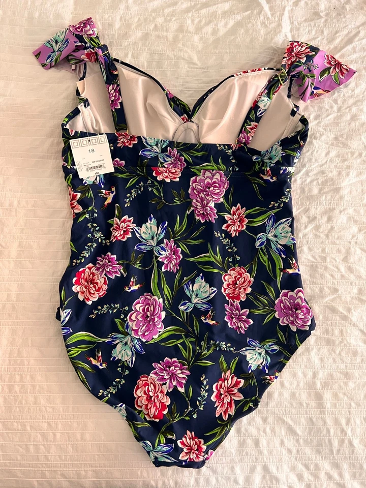 NWT/NEW Liz Claiborne Ruffle Sleeve One Piece Swimsuit Sz 18 Navy Floral Ruched - Image 3 of 4