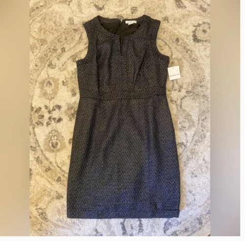 NWT Liz Claiborne Blue Silver Metallic Tweed Sheath Dress Slit Neck Size 16 - Picture 3 of 5