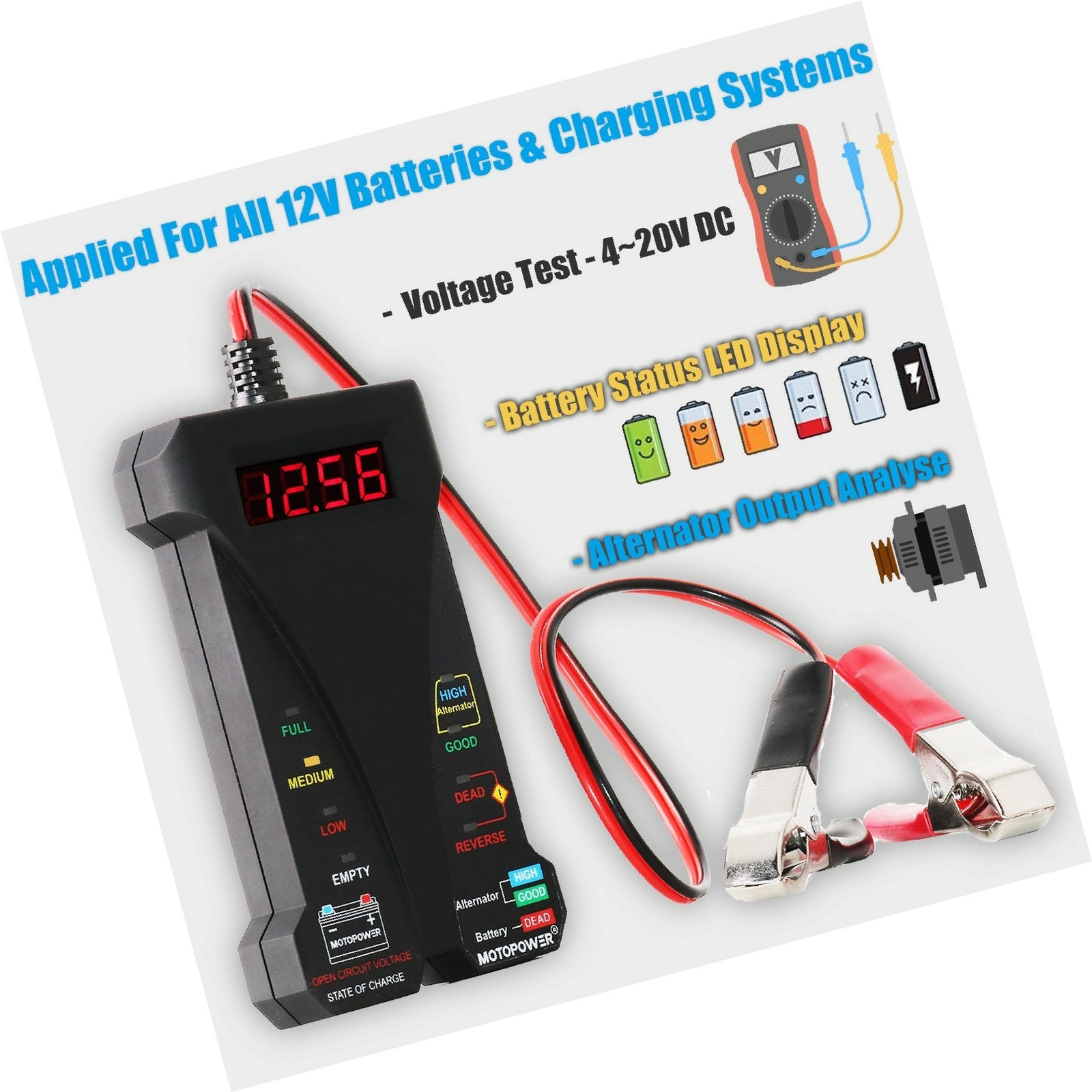 MOTOPOWER MP0514A 12V Digital Car Battery Tester Voltmeter and Charging
