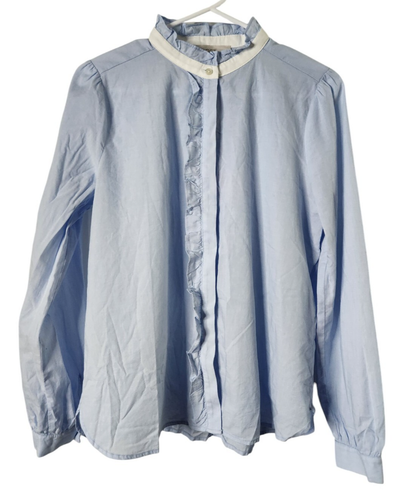 Ann Taylor Womens S Button Up Shirt Ruffle Trim Blouse Long Sleeve Top Blue