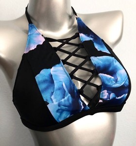 blue and floral lace up bikini