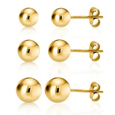 14K Gold over 925 Silver High Polish Smooth Round Ball Stud Earring 3-Size Set