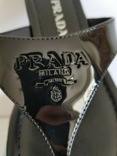 PRAD A ICONIC Black Patent Logo POOL FLIP FLOP Thongs ITALY 36 40 LOVE SHOES