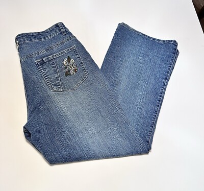 Adolfo Women s Size 12p Jeans Floral Embroidery Medium Blue Wash Flare