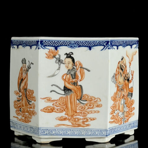 Qing Porcelain HandPainted Blue&white Alum red Eight story Immortals Brush Pot - Picture 4 of 9