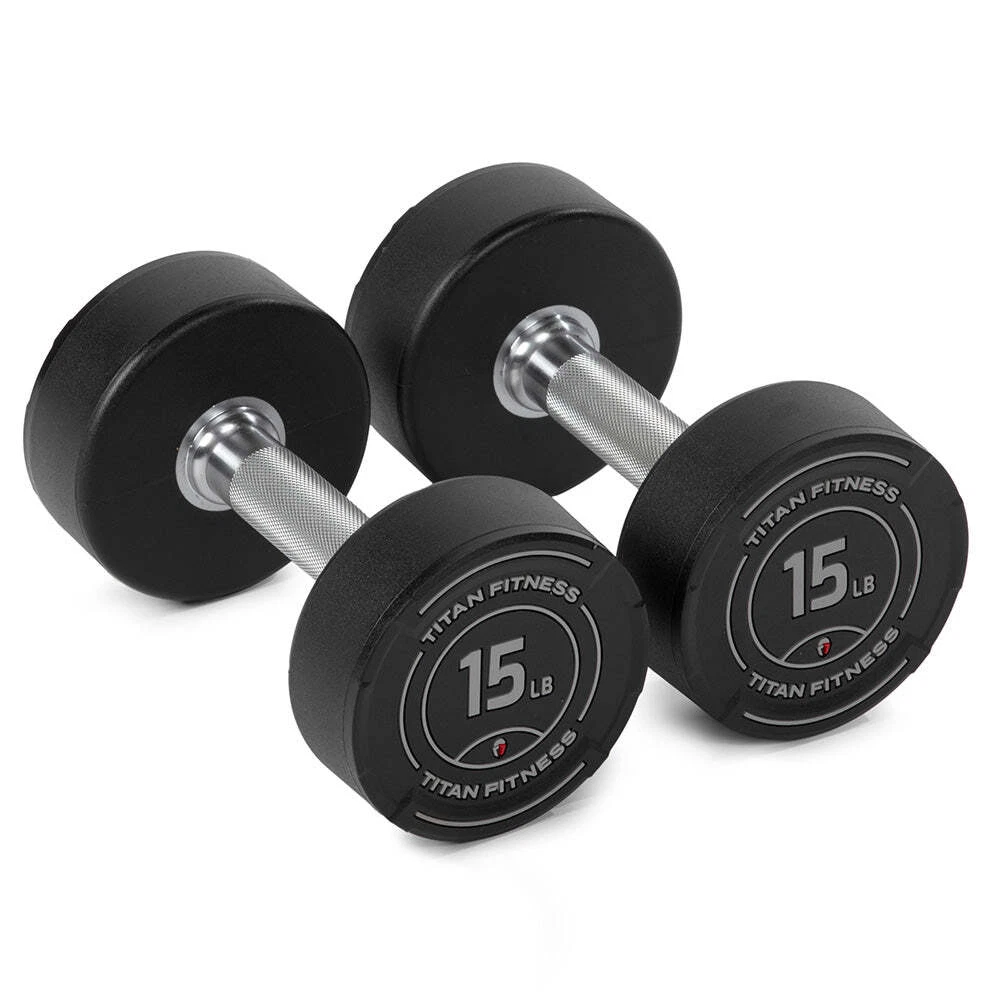 Titan Fitness 15 LB Set Round Urethane Dumbbells, 32mm Medium Volcano Knurling