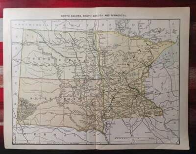 #ad 1890 Antique Railway Map Minnesota Dakota ALL Railroad Lines Train Depots 9quot;x11quot; $12.95
