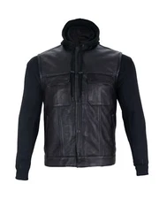 Premium Men's Black Leather Vest Motorcycle Concealed Removable Black Hoodie