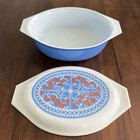 Vtg Pyrex New Holland Blue Red Tulip 2-1/2 2.5 qt Oval Casserole Dish & Lid 045