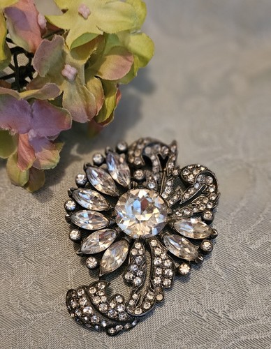 Huge 3" EISENBERG ORIGINAL FUR CLIP Rhinestones Flower Bow Signed Excellent