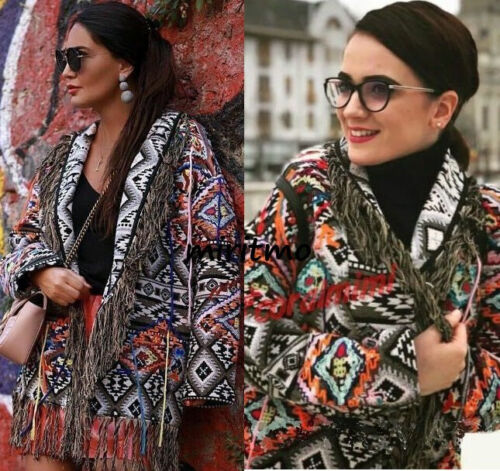 A444 ZARA KIMONO FRINGED TRIBAL AZTEC EMBROIDERED BLAZER COAT JACKET - S - Picture 2 of 17
