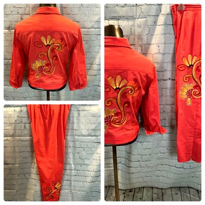 VTG 90'S 2PC  Sharon Young Coarl Embroidered Floral Flip Cuff Jacket Pants 