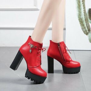 Womens Ladies Zip Up Buckle Ankle Boots High Block Heels Chunky Round Toe Shoes