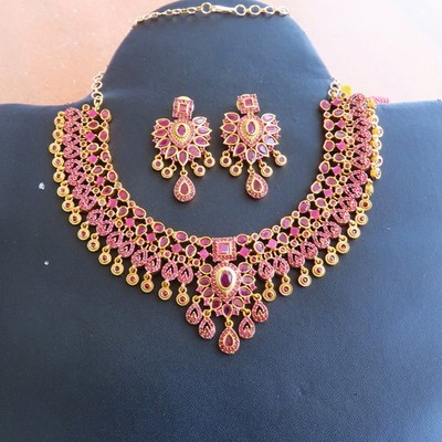 American Indian Jewelry II & III セット American Diamond Ruby CZ Necklace Set Indian Bollywood Bridal