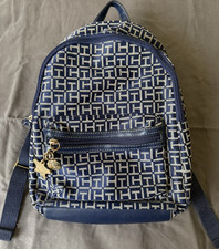 Tommy Hilfiger W Navy Geometric Backpack Canvas Logo Charm Adjustable Strap