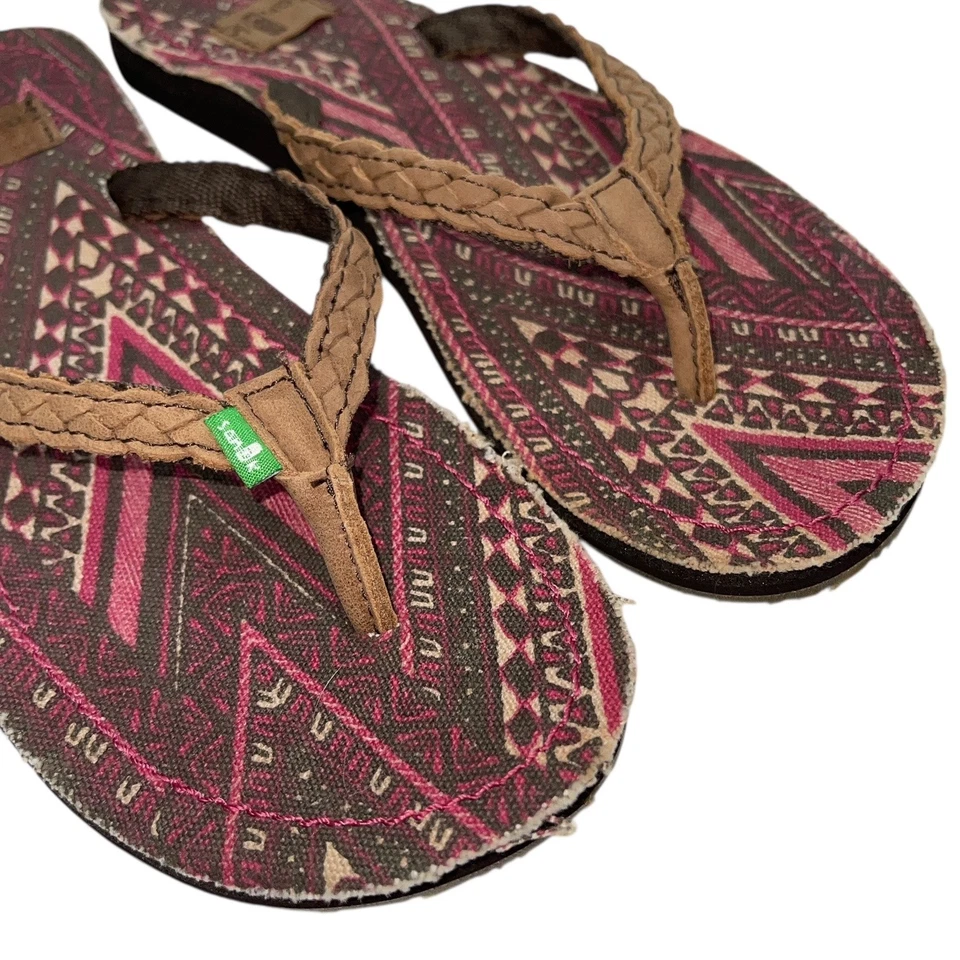 Sanuk Poncho Viva Yoga Chanclas Mujer Talla 5 Marrón Cuero Rosa Sandalias Tribales Foto 4 de 4