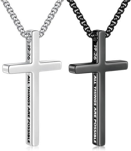 Ursteel 2 Pcs Black Silver Cross Necklace for Men - Inspirational Bible Verse