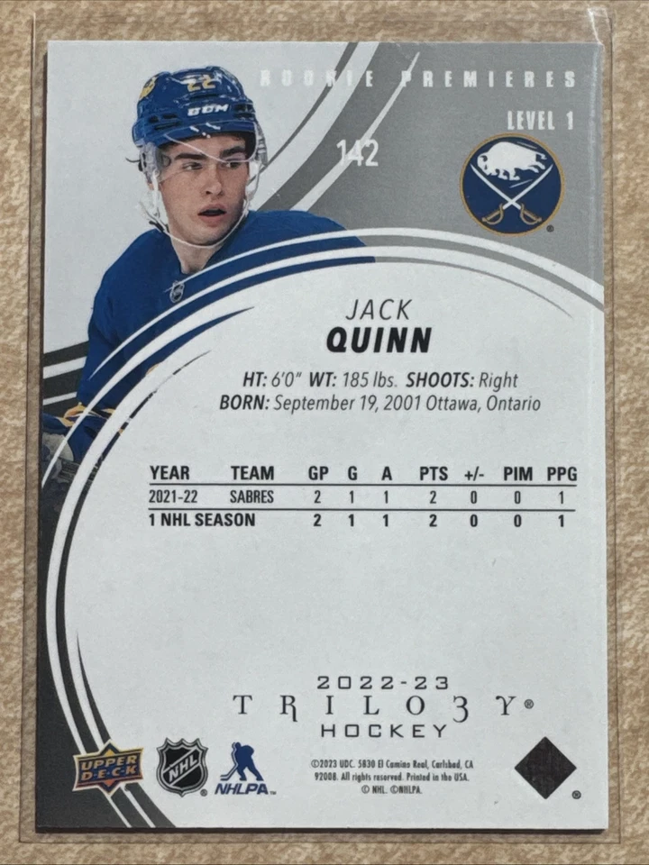 2022-23 Upper Deck Trilogy Jack Quinn Rookie Premieres 102/999 Sabres #142 - Image 3 of 3