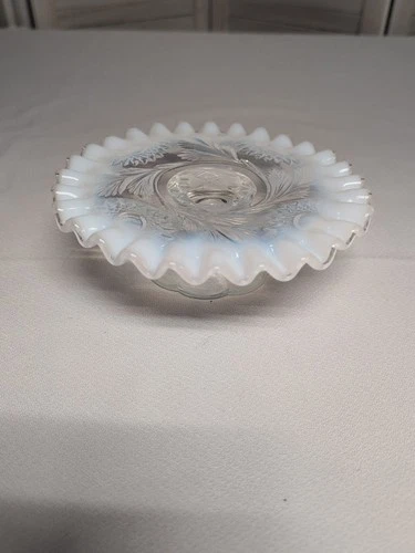 VTG Fenton Signed scallop Opalescent Glass Flat Wide Footed Candle Holder Dish