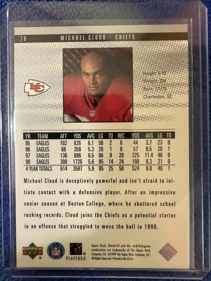 MICHAEL CLOUD 1999 UPPER DECK HOLOGRFX K.C. CHIEFS ROOKIE GRFX CARD RC # 78 - Image 2 of 2