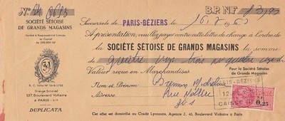 83.90 francs - bank cheque receipt - Société Sétoise de department stores - 1