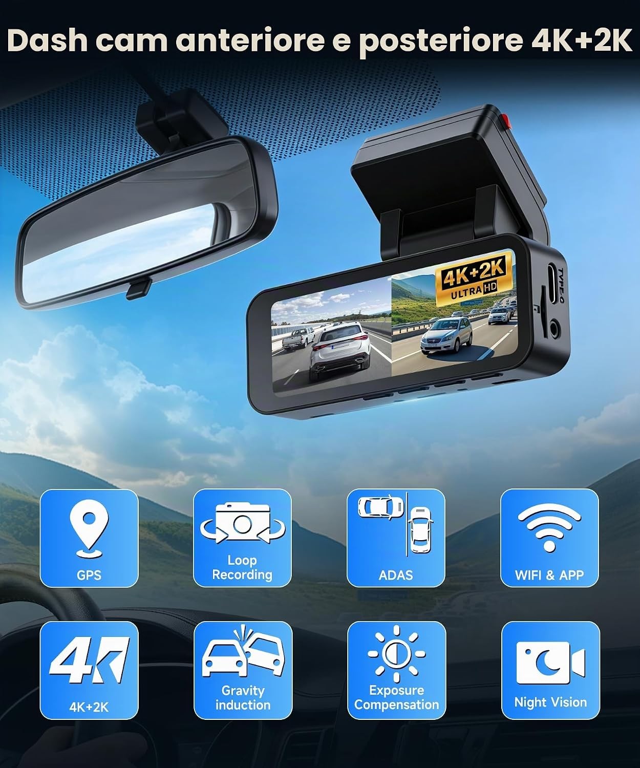 Vechtel 4k+2k Dashcam Auto Anteriore Posteriore con WIFI 5.8g+2.4g, 2*telecamera - Miniatura 5
