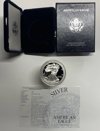 1997-P American Silver Eagle Proof 1 Troy oz .999 Fine Silver Coin in box w/COA